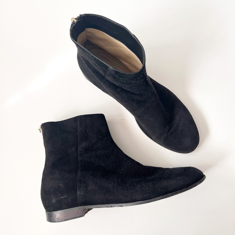 Jimmy Choo Ankle Boots Size 40 10 Black Suede Rear Zip Flat Block Heel Italy